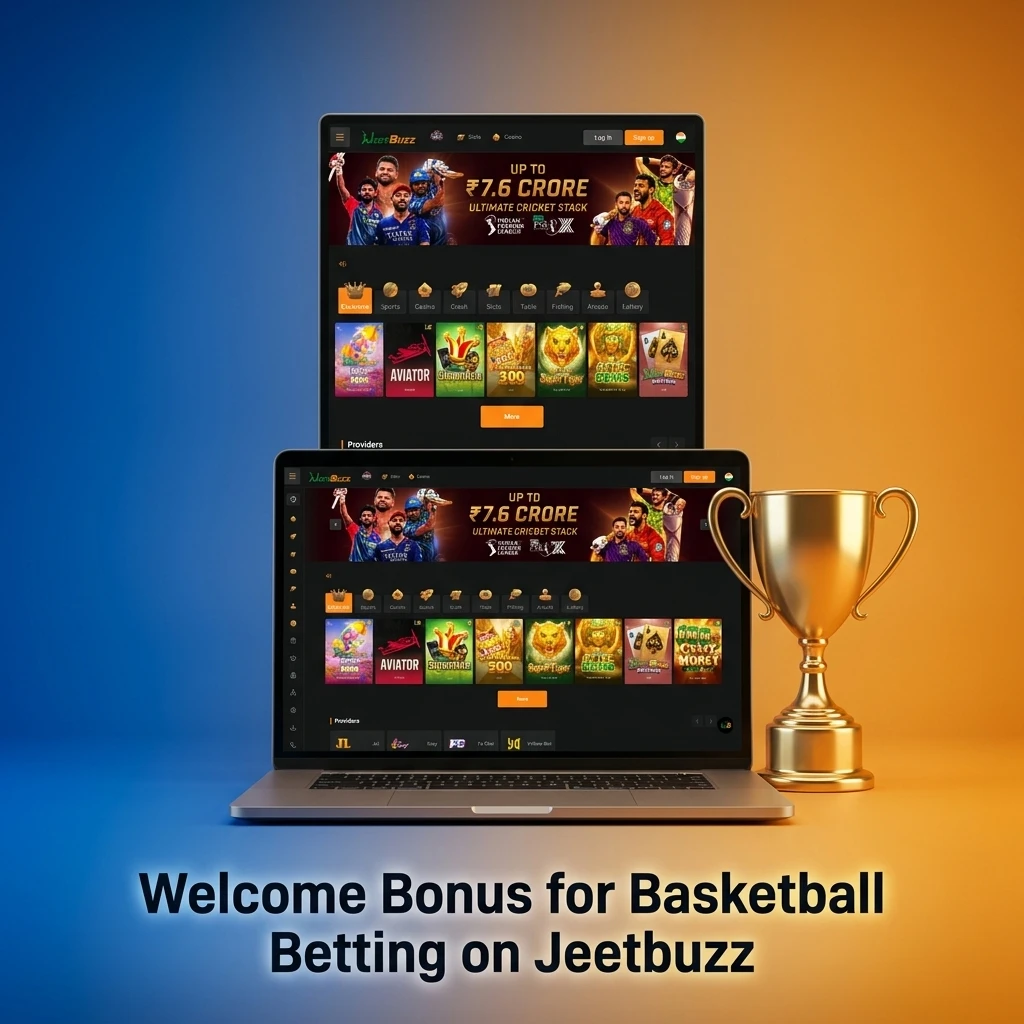 Jeetbuzz welcome bonus for basketball betting showing deposit match offer and wagering requirements for new users